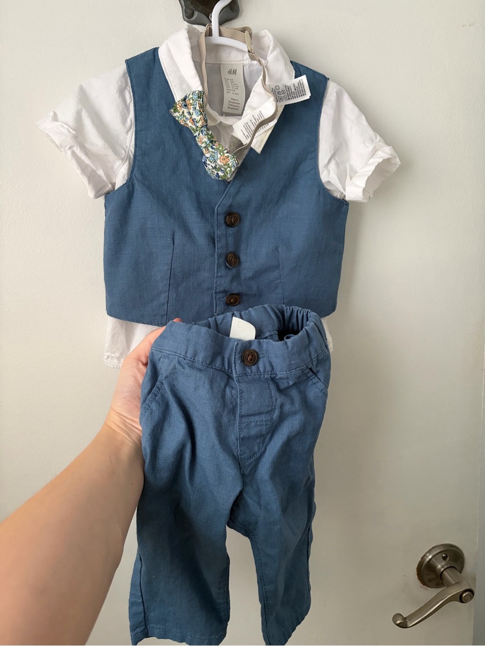 H&M Blue Boys' Vest & Pants Set with White Shirt and Floral Bowtie